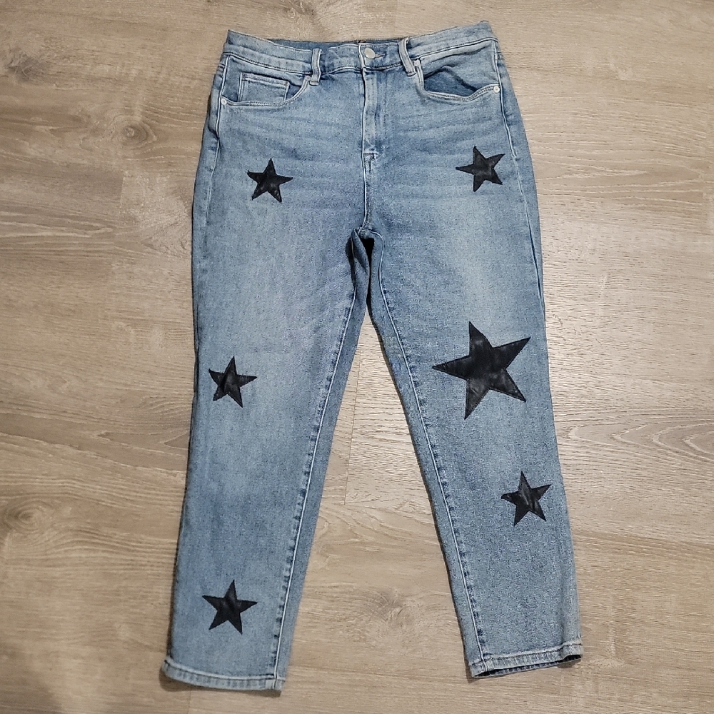 Blank NYC Light Blue Denim Jeans with Black Star Patches